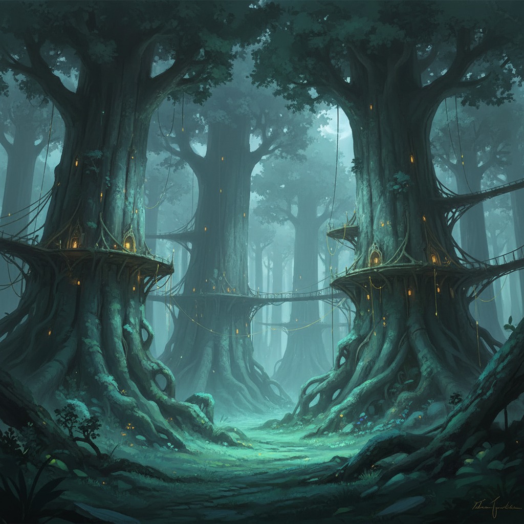 Ashenveil's ancient bioluminescent forest with the Tidecaller Academy built into the canopy