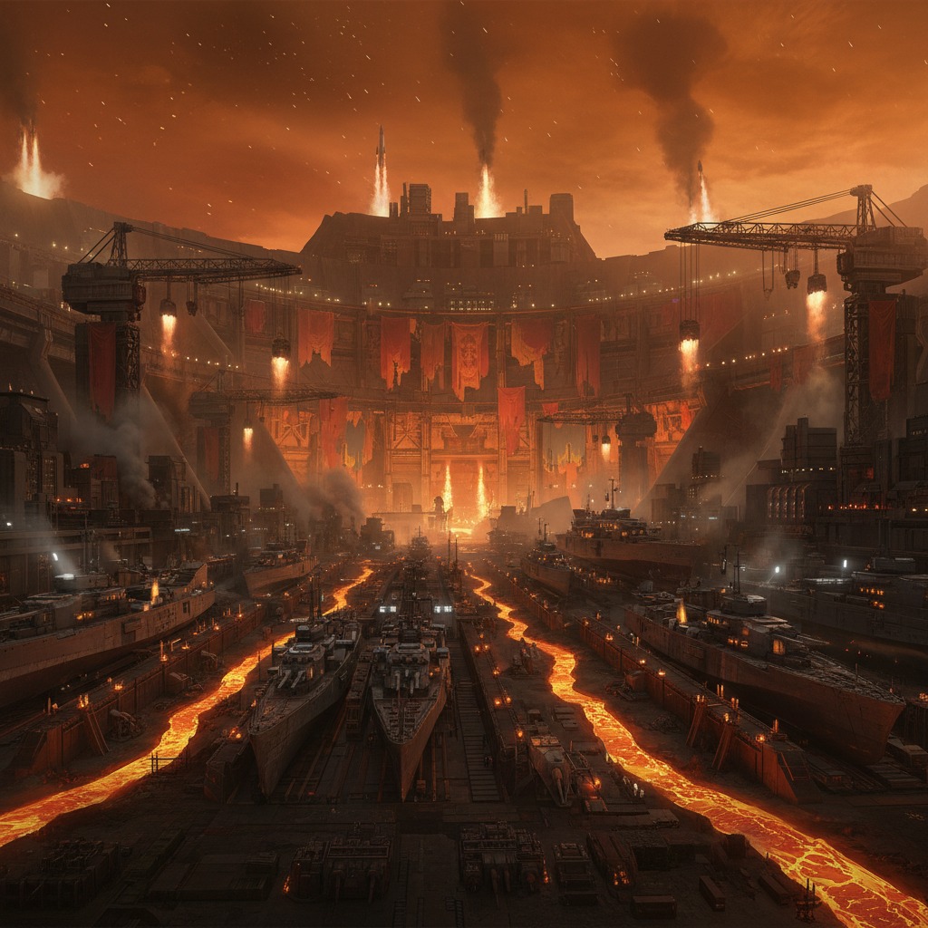 Ironhaven — a volcanic industrial moon with foundry complexes and military shipyards under an orange sky